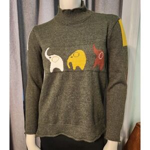 Nana L Three Elephant Print High Neck Olive Green Sweater Whimsical Made Korea